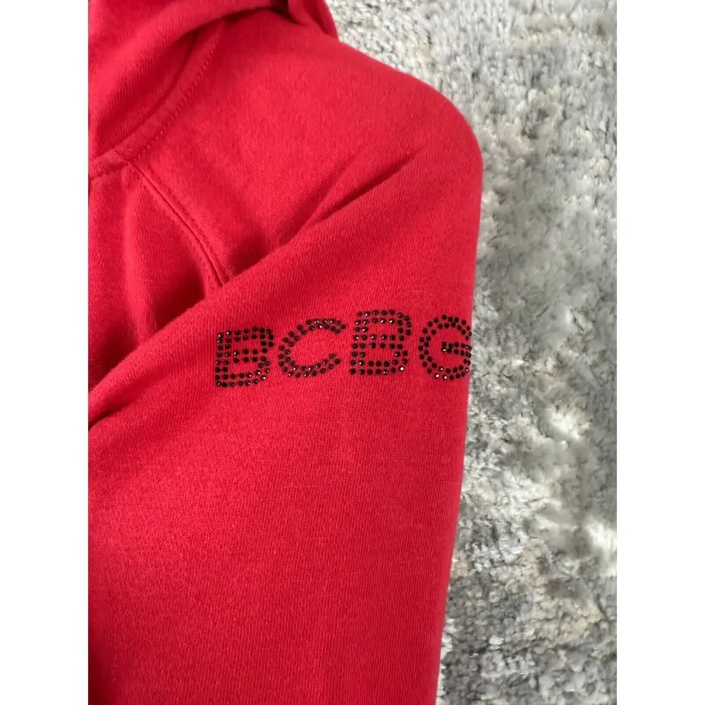 BCBGMaxazria Womens Size M Rhinestone Hooded Full Zip Sweater Red Long Sleeve‎
